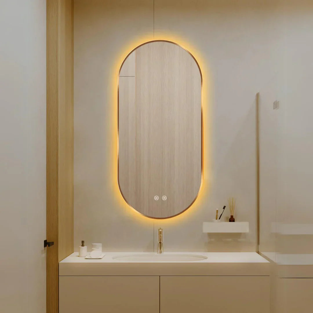 Oglinda LED Ovala 50x100cm Rama Aurie, Dezaburire si 3 Lumini J179