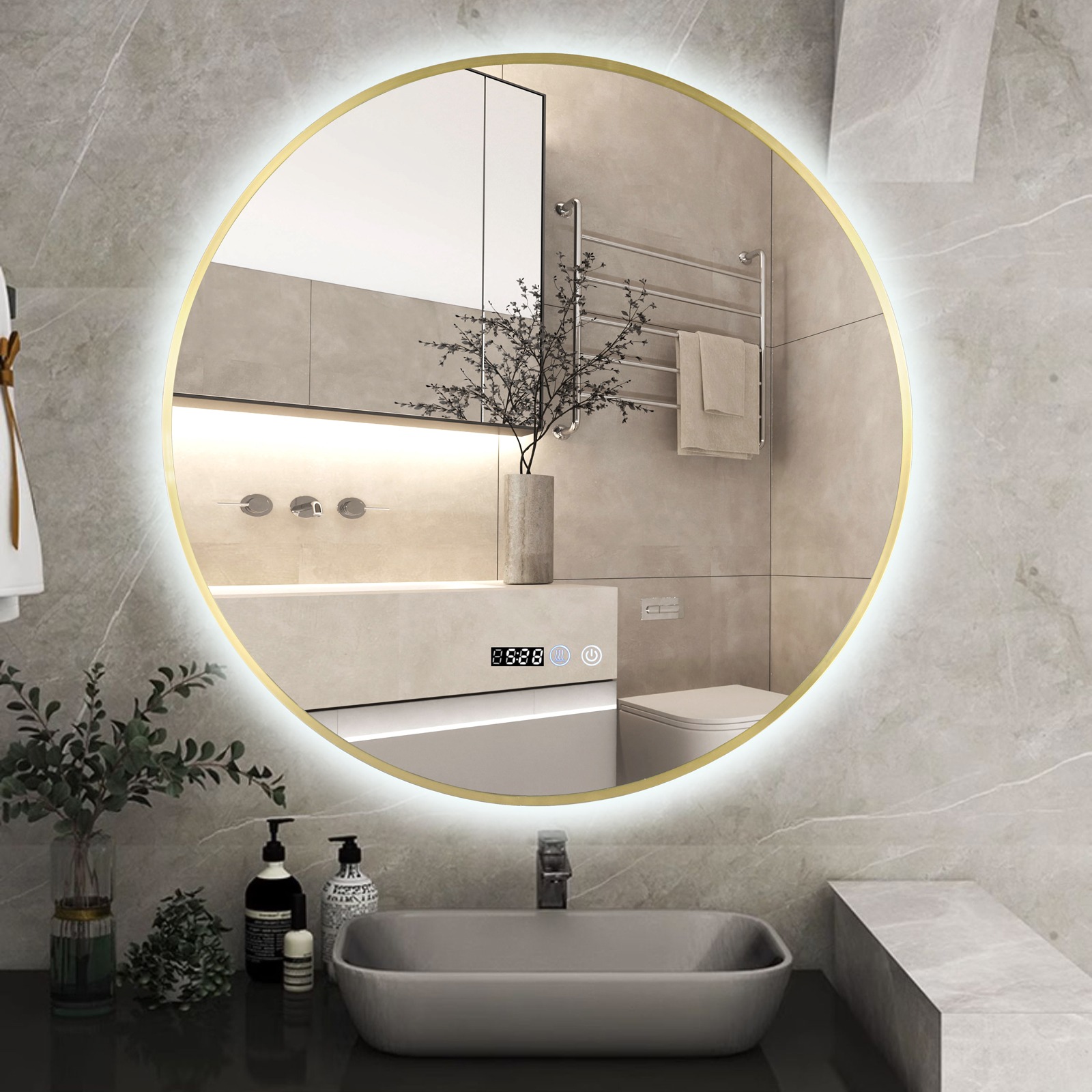 Oglinda LED Rotunda 70cm Rama Aurie, Ceas, Temperatura, Touch si 3 Lumini OD010T/GD