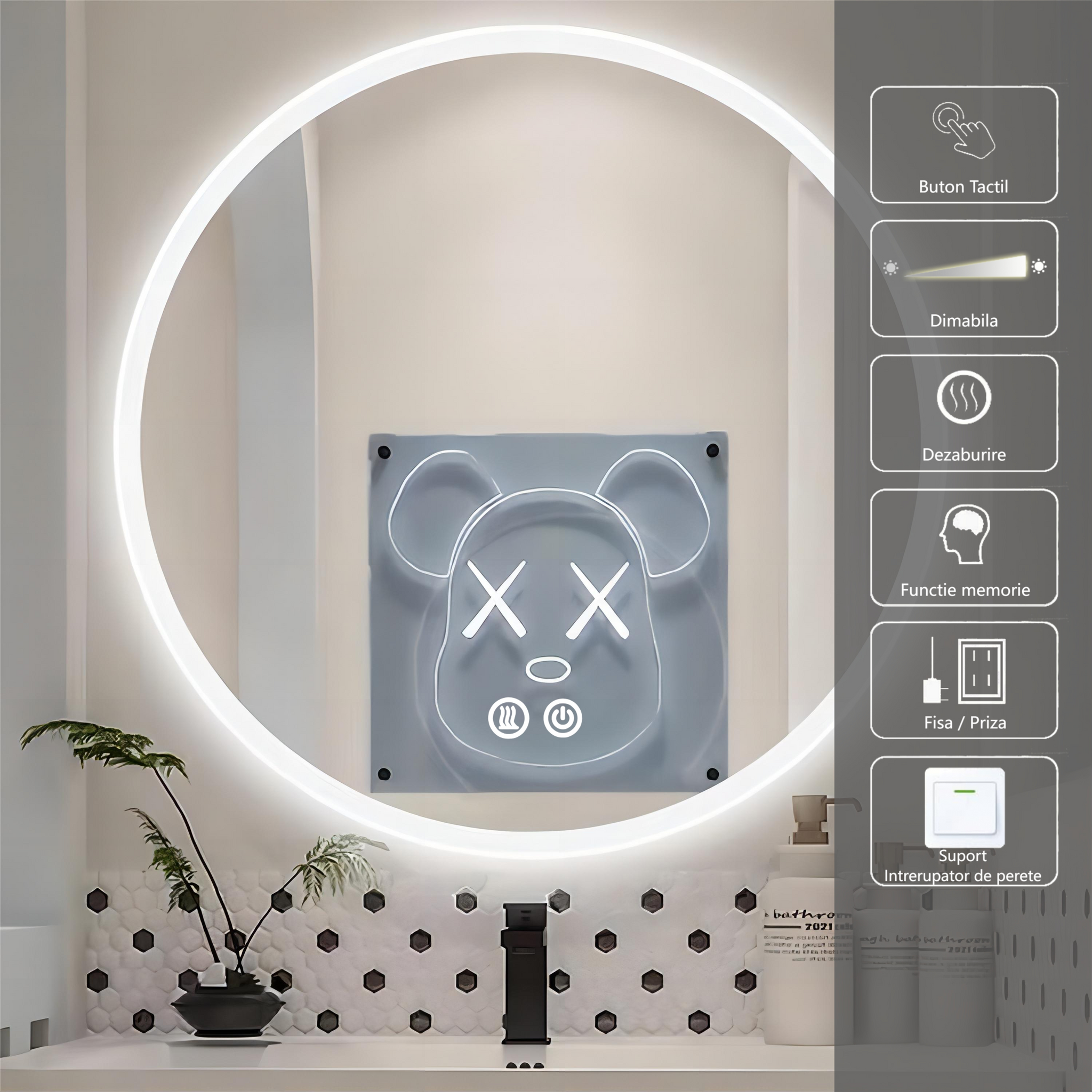 Oglinda LED Rotunda 70cm, 3 Lumini, Dezaburire si Touch OD013