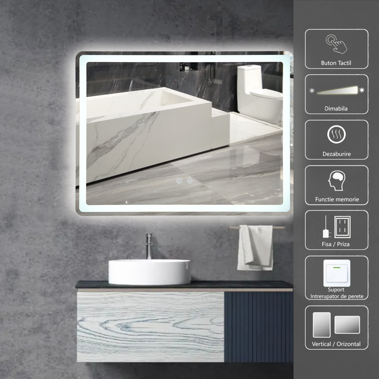 Oglinda LED 80x60cm, 3 Lumini, Dezaburire si Touch OD037Y