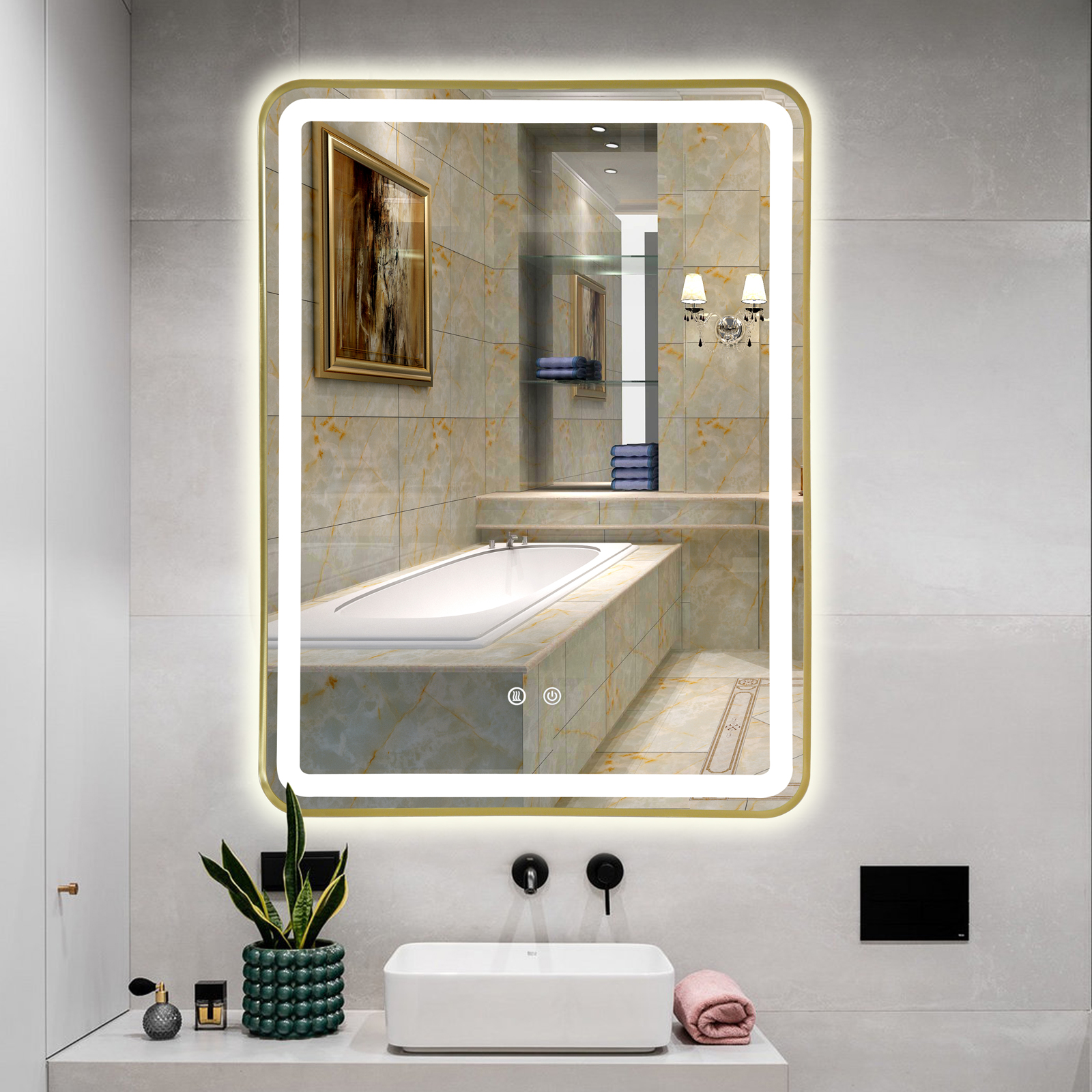 Oglinda LED 60x80cm Rama Aurie, 3 Lumini, Dezaburire si Touch OD039/GD