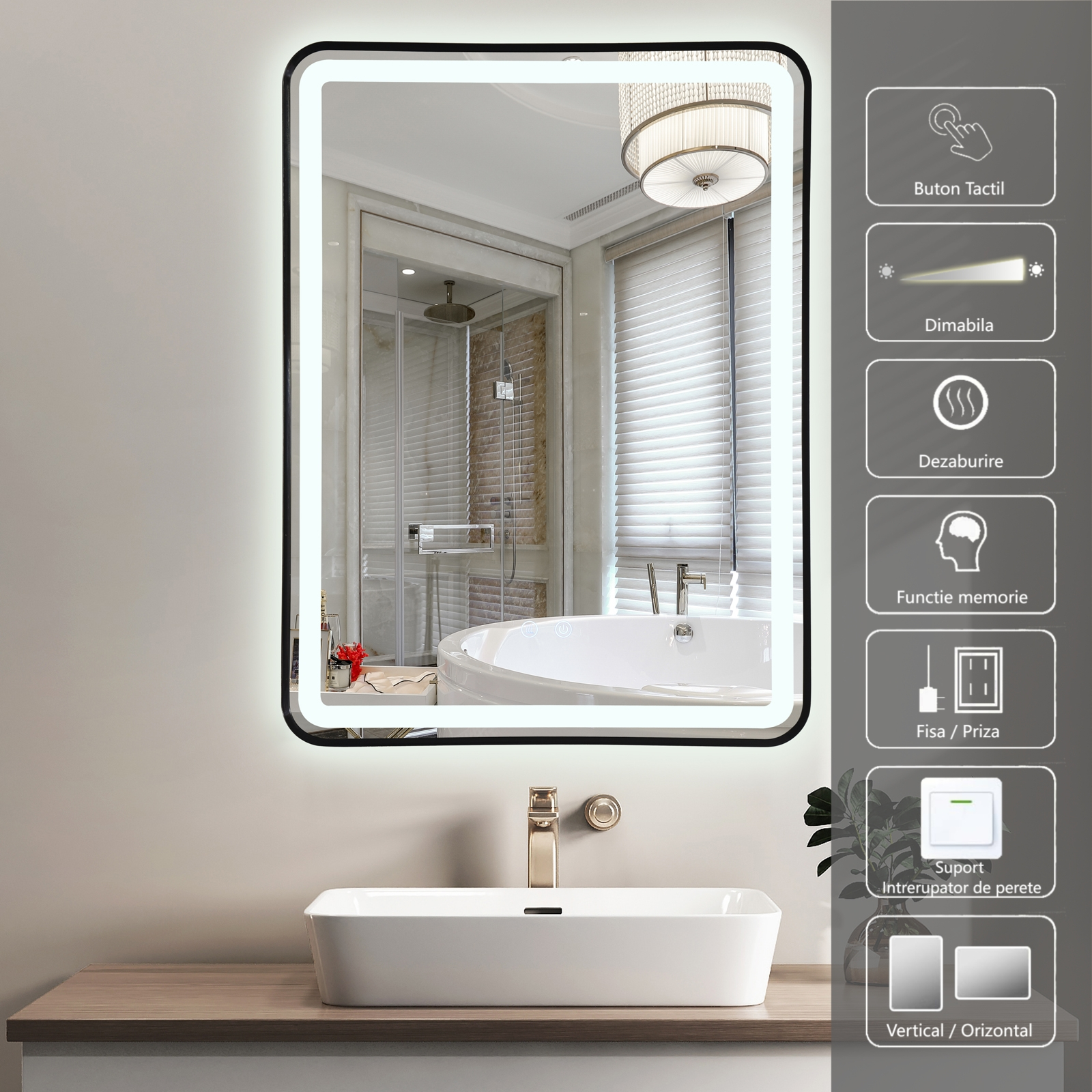 Oglinda LED 60x80cm Rama Neagra, 3 Lumini, Dezaburire si Touch OD039/BK