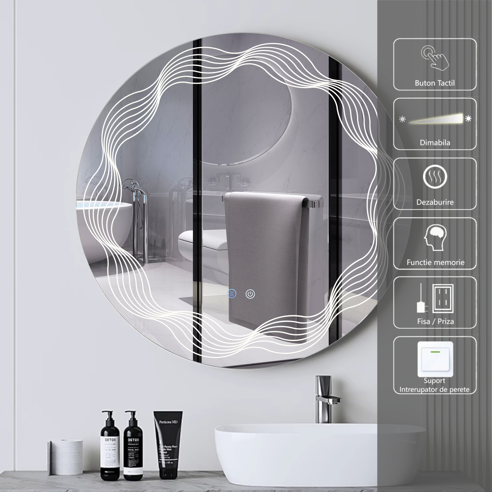 Oglinda LED Rotunda 70cm, 3 Lumini, Dezaburire si Touch OD060-5