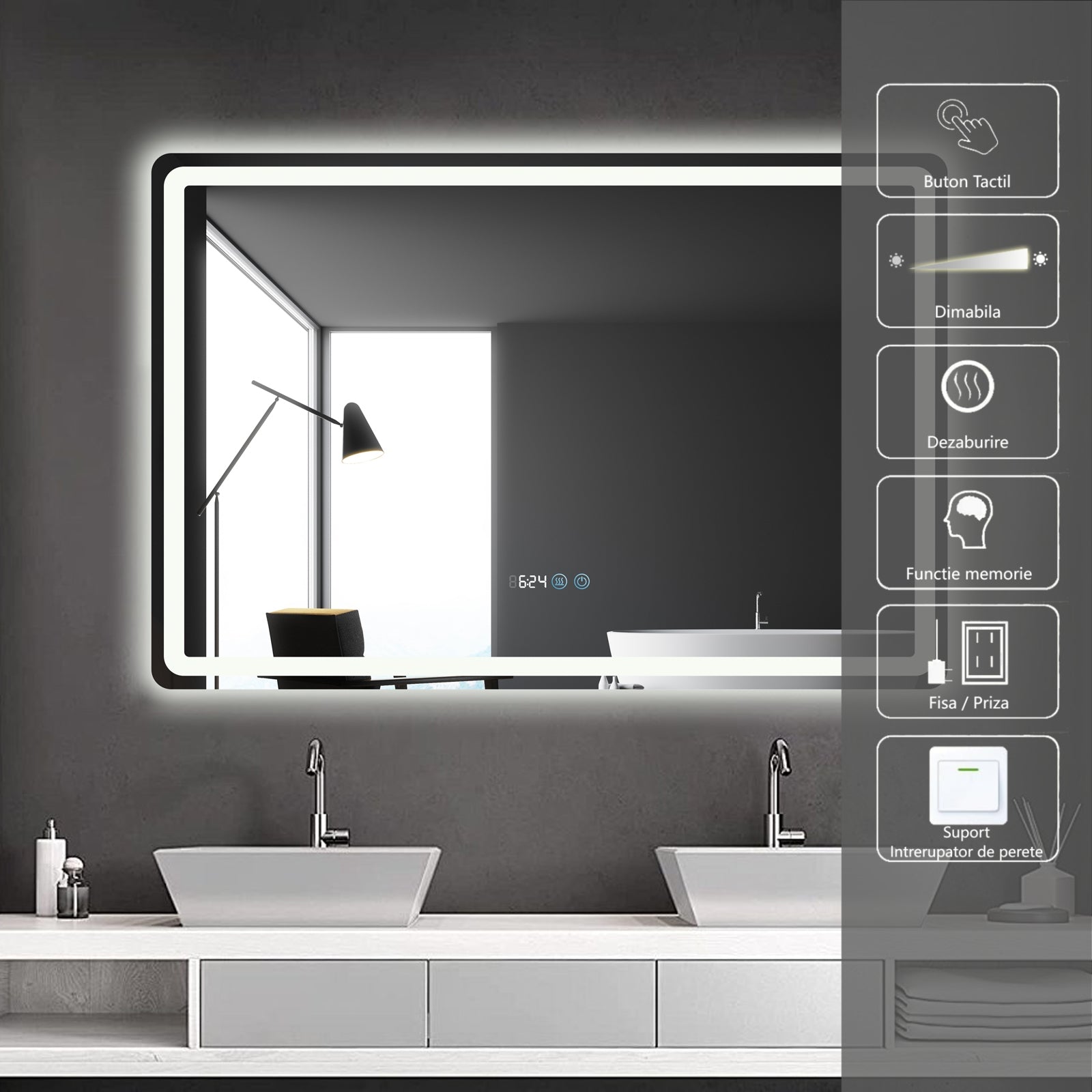 Oglinda LED 120x80cm Dezaburire, Ceas, Temperatura, Touch si 3 Lumini OD058
