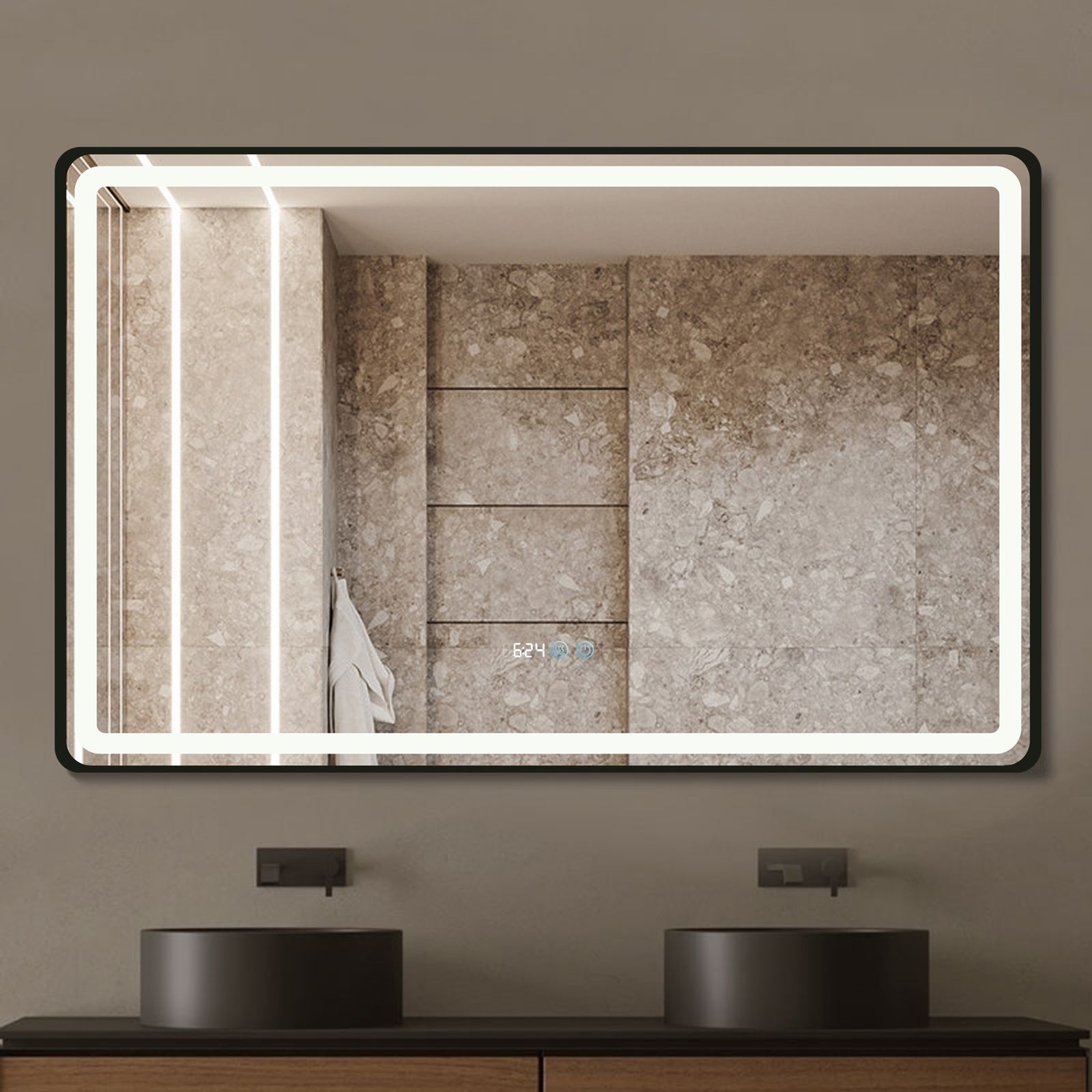 Oglinda LED 110x70cm Rama Neagra, Dezaburire, Ceas, Temperatura, Touch si 3 Lumini OD058/BK