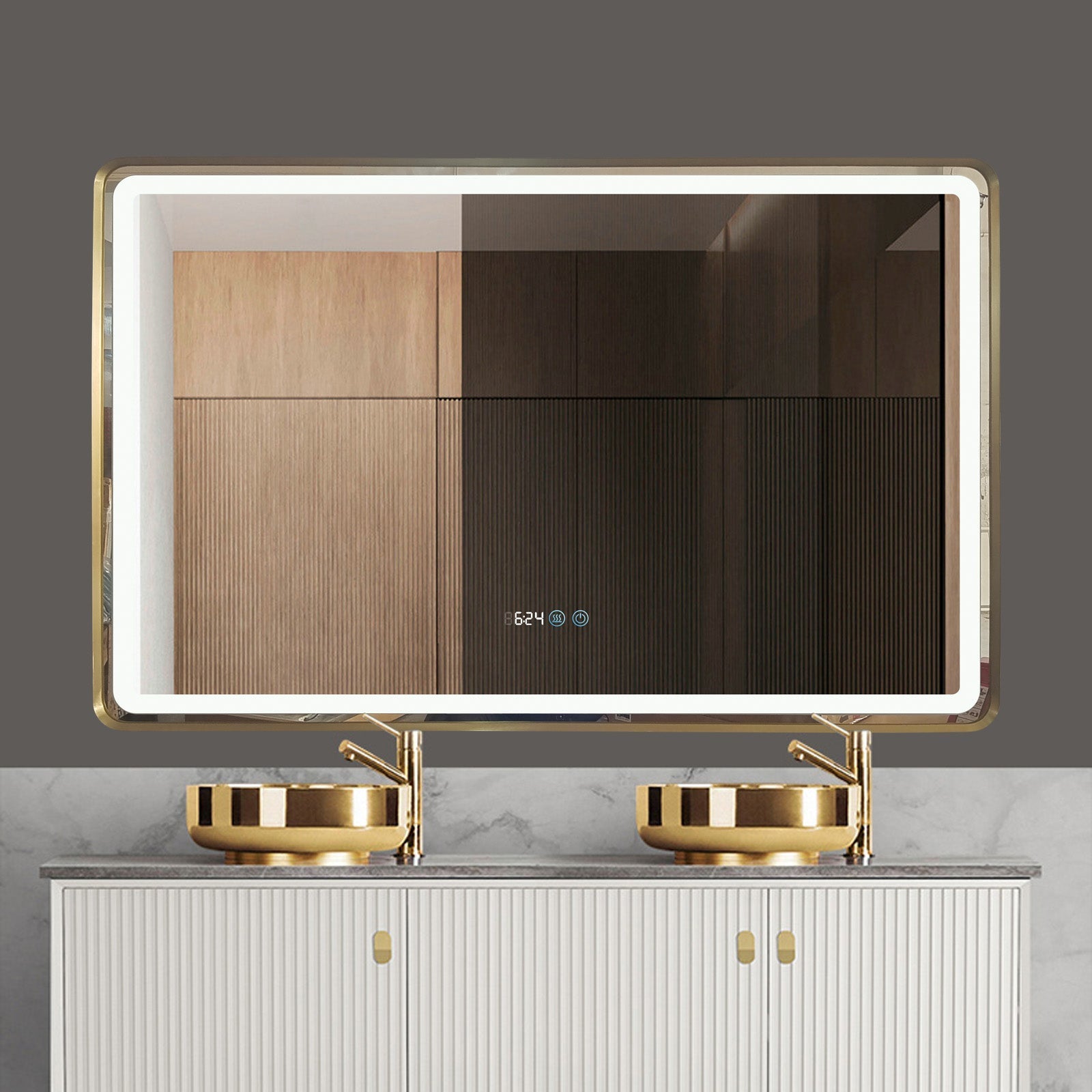 Oglinda LED 110x70cm Rama Aurie, Dezaburire, Ceas, Temperatura, Touch si 3 Lumini OD058/GD