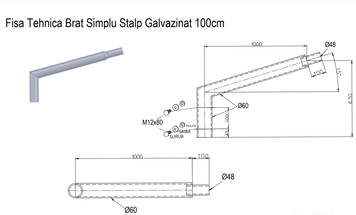 Consola 100cm pentru stalp galvanizat