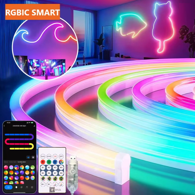 KIT NEON FLEX LED RGB IC SMART DIGITAL 12V 5m Telecomanda