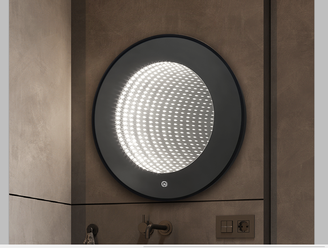 Oglinda LED Rotunda cu Rama Neagra 3D Infinity Mirror, 3 Lumini si Touch J183F