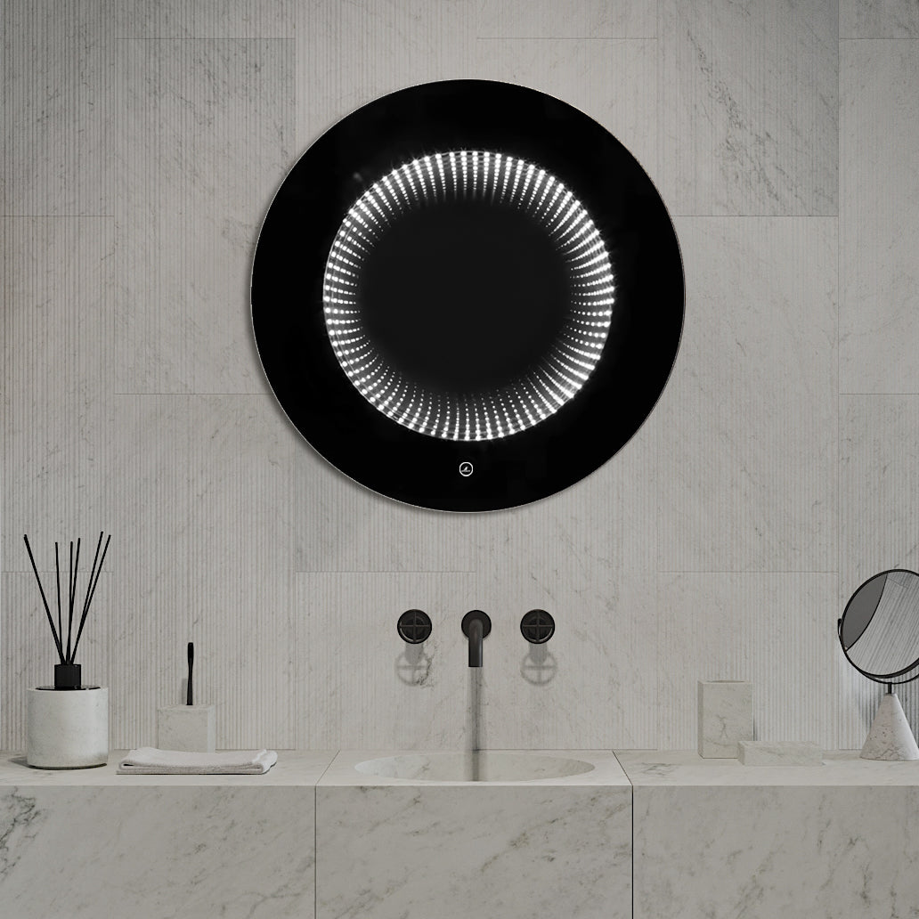 Oglinda LED Rotunda cu Rama Neagra 3D Infinity Mirror, 3 Lumini si Touch J183F