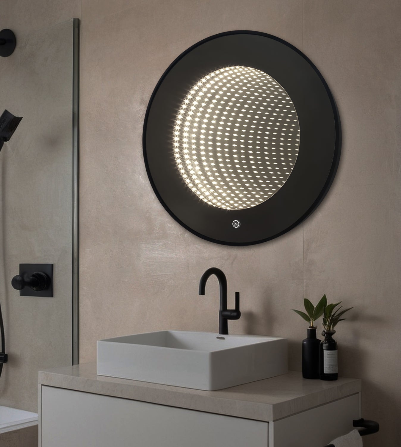 Oglinda LED Rotunda cu Rama Neagra 3D Infinity Mirror, 3 Lumini si Touch J183F