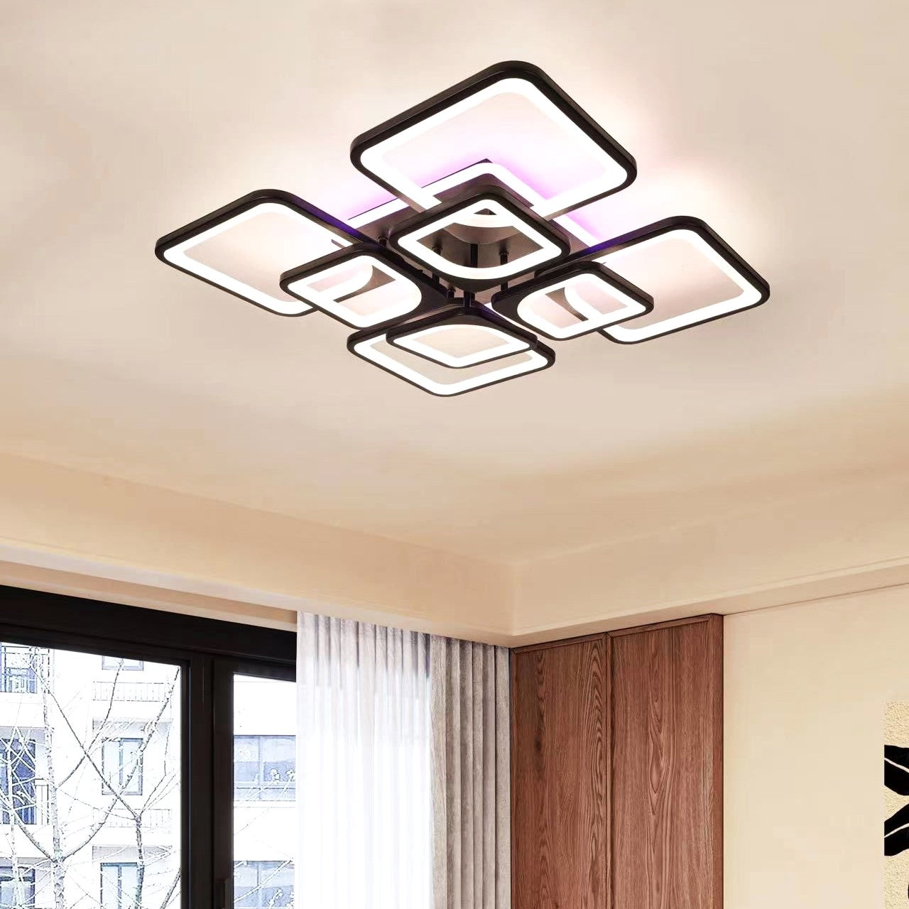 Lustra LED 4+4 SQUARE Gigant Black RGB Echivalent 1000W Telecomanda