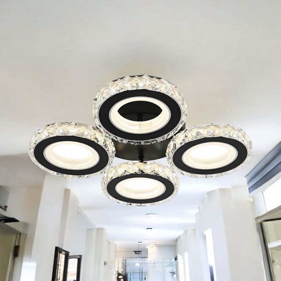 Lustra LED 4 RINGS Cristal Negru Echivalent 400W Telecomanda