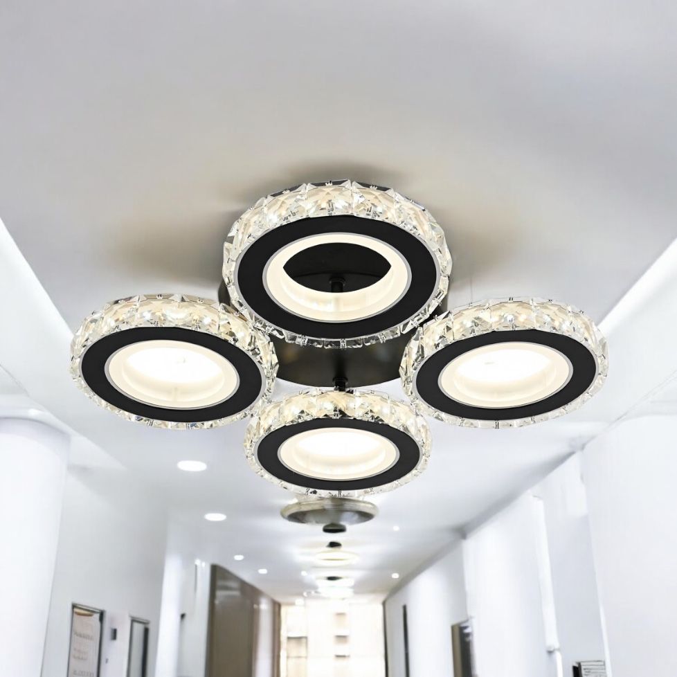 Lustra LED 4 RINGS Cristal Negru Echivalent 400W Telecomanda