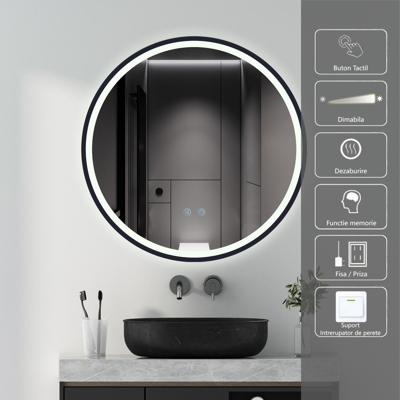 Oglinda Rotunda Neagra 60cm cu Dezaburire, Touch si 3 Lumini