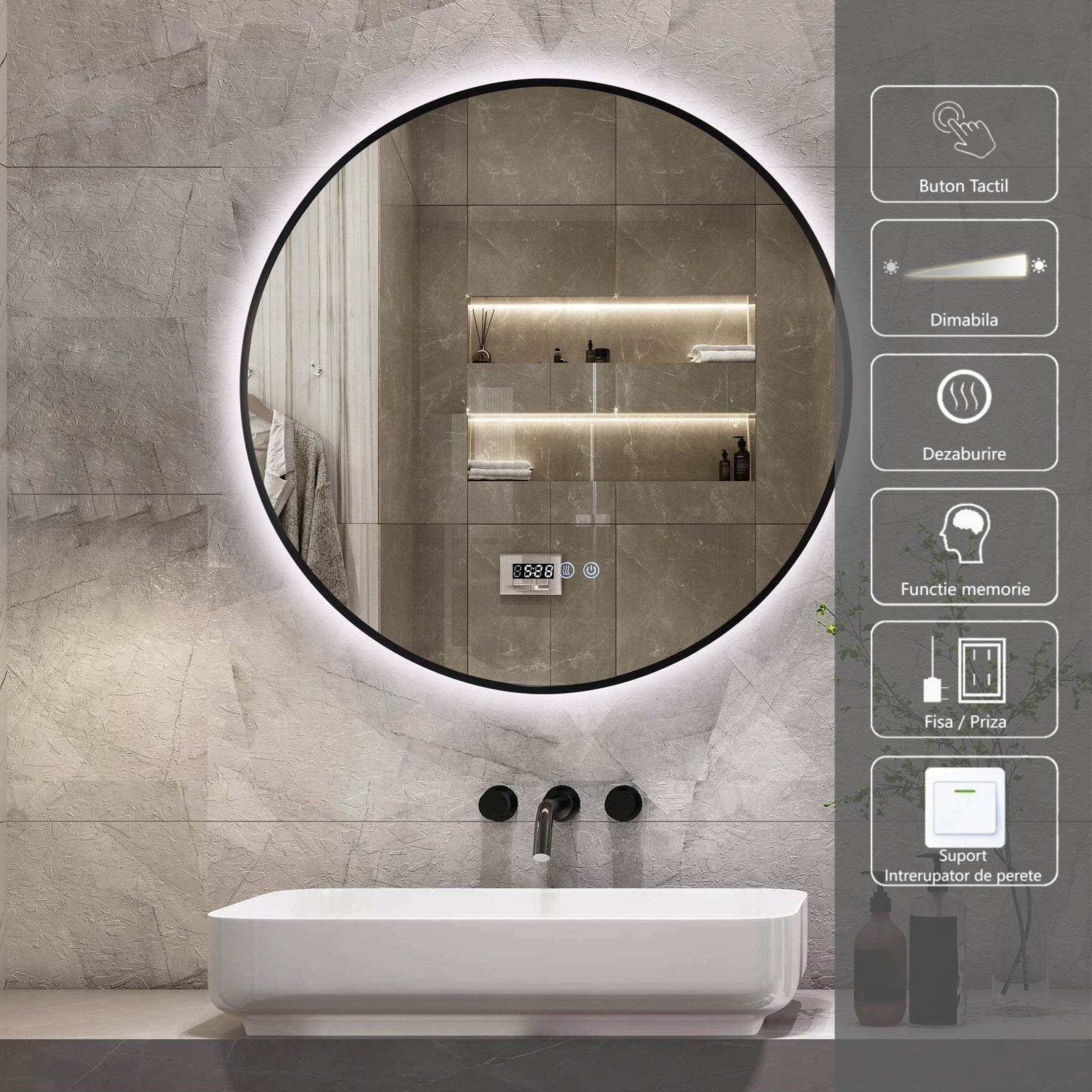 Oglinda LED Rotunda 80cm Rama Neagra, Ceas, Temperatura, Touch si 3 Lumini