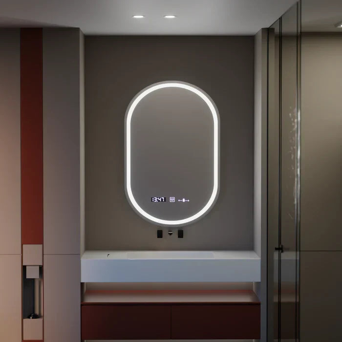 Oglinda LED Ovala 50x80cm Senzor, 3 Lumini, Ceas, Dezaburire si Touch