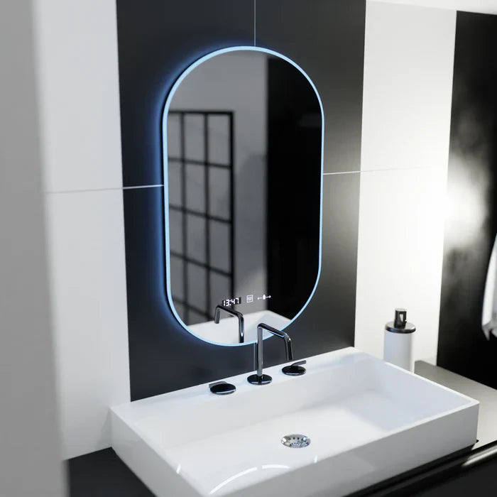 Oglinda LED 50x80cm Ovala, Senzor, 3 Lumini, Ceas, Dezaburire si Touch