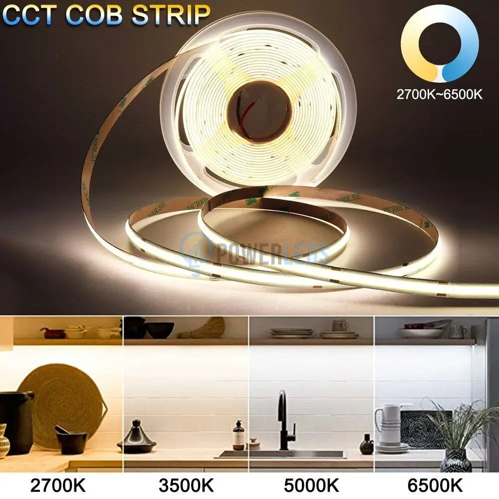 Banda LED 24V CCT COB 10 metri cu 3 Tipuri de Lumina powerleds.ro