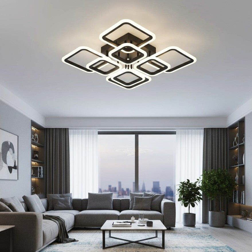 Lustra LED 4+4 Square Gigant Black Echivalent 1000W Telecomanda