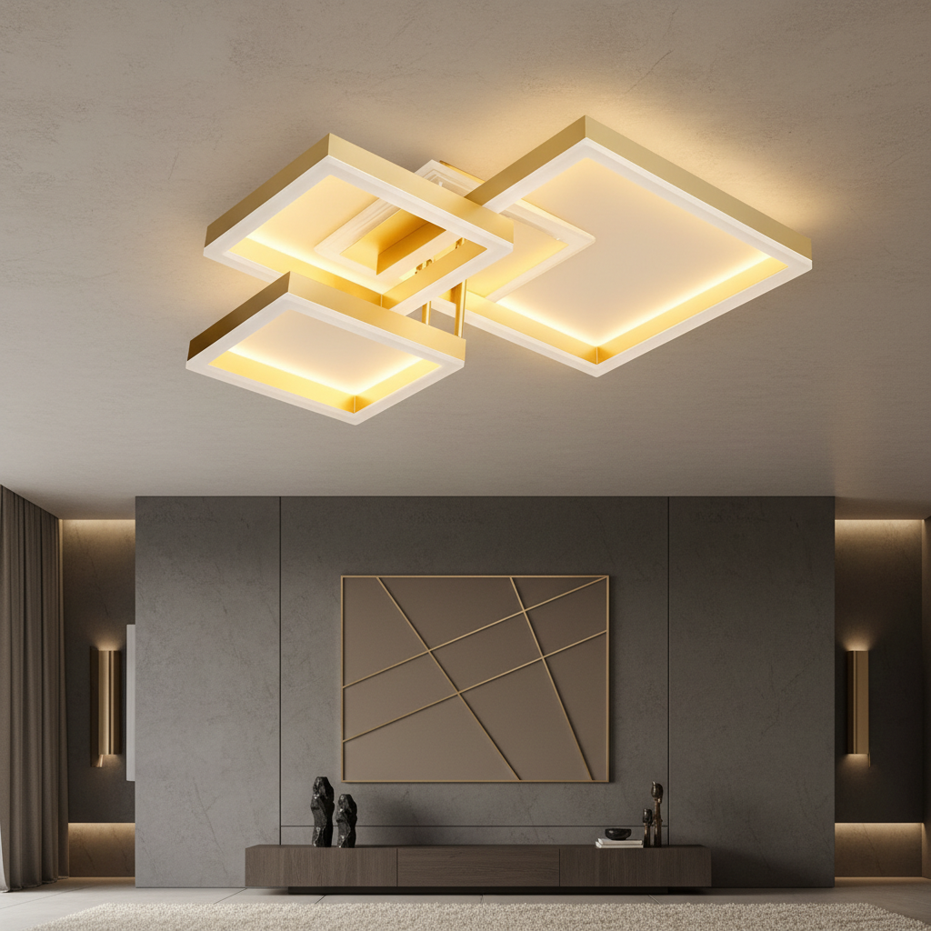 Lustra LED KENO 3 SQUARES Gold 3 Functii Echivalent 400W Telecomanda