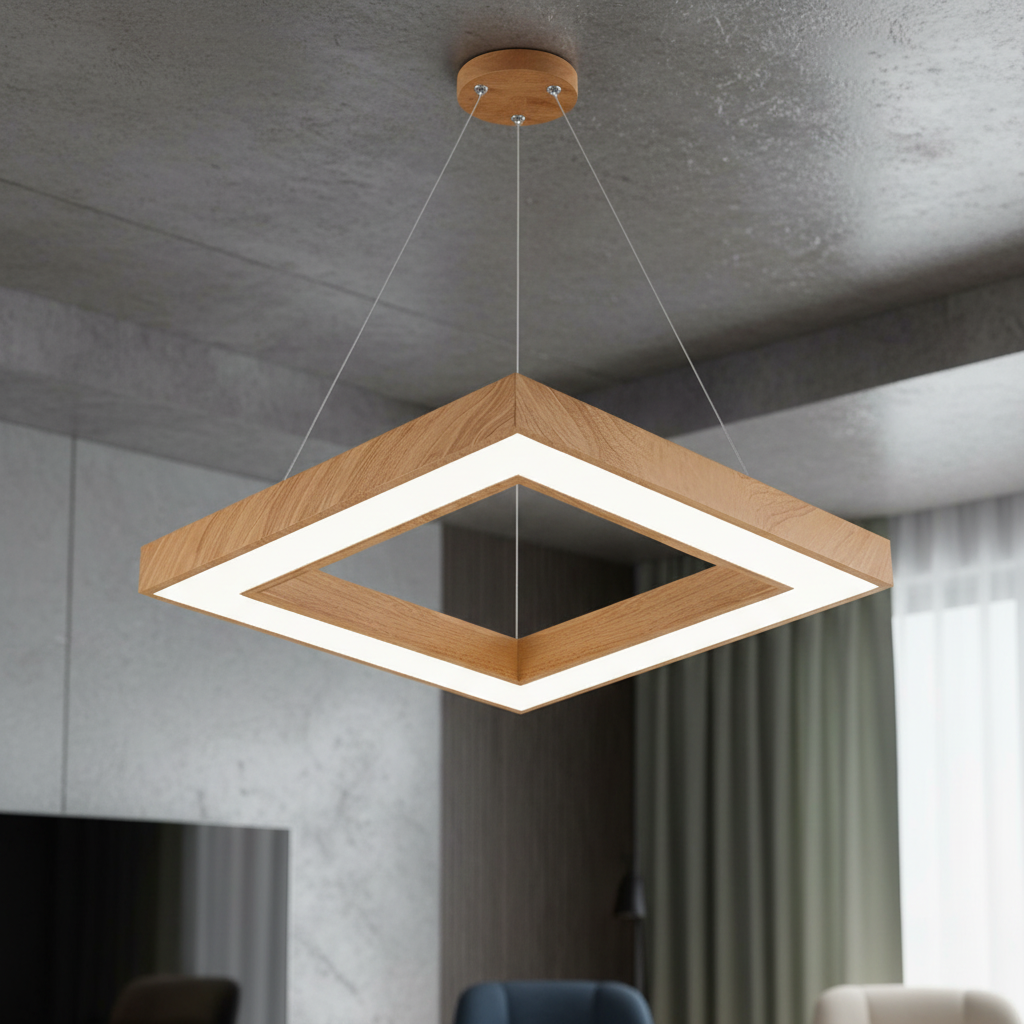 Lustra LED Suspendata RENZO Square Wood Telecomanda Echivalent 300W