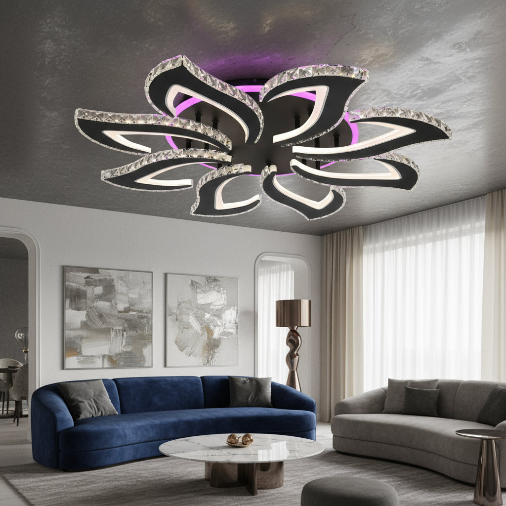 Lustra LED Camelia Grande Cristal RGB Black Echivalent 800W Telecomanda