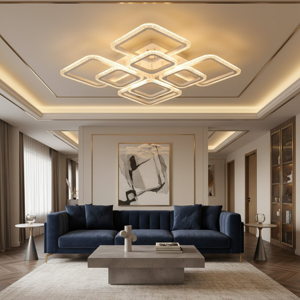 Lustra LED 4+4 Square Gigant BUBBLES WHITE Echivalent 800W Telecomanda