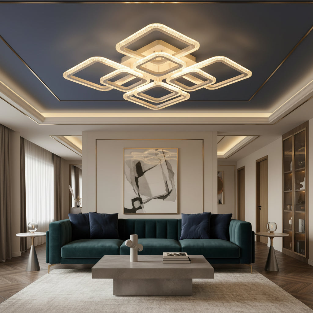 Lustra LED 4+4 Square Gigant BUBBLES WHITE Echivalent 800W Telecomanda