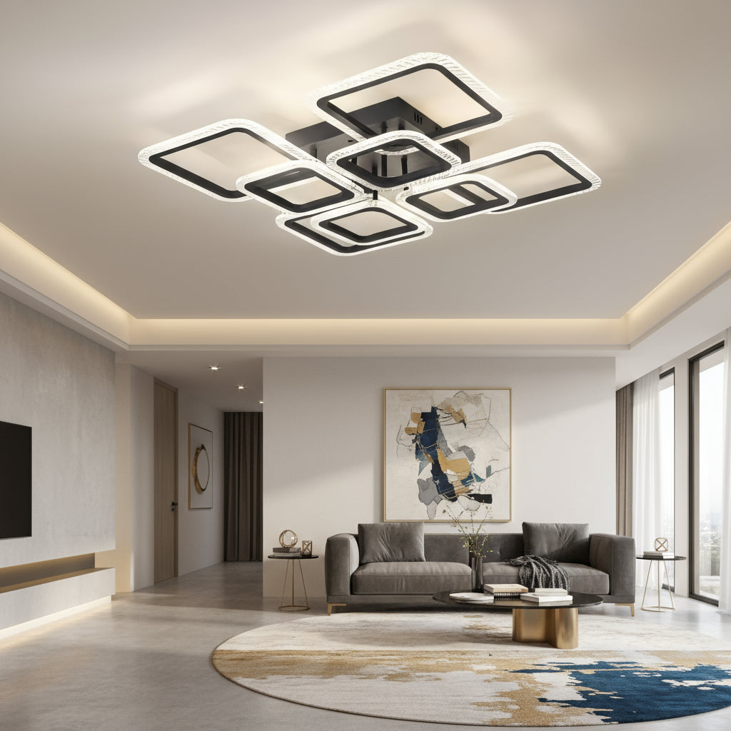 Lustra LED 4+4 Square Gigant BUBBLES BLACK Echivalent 800W Telecomanda