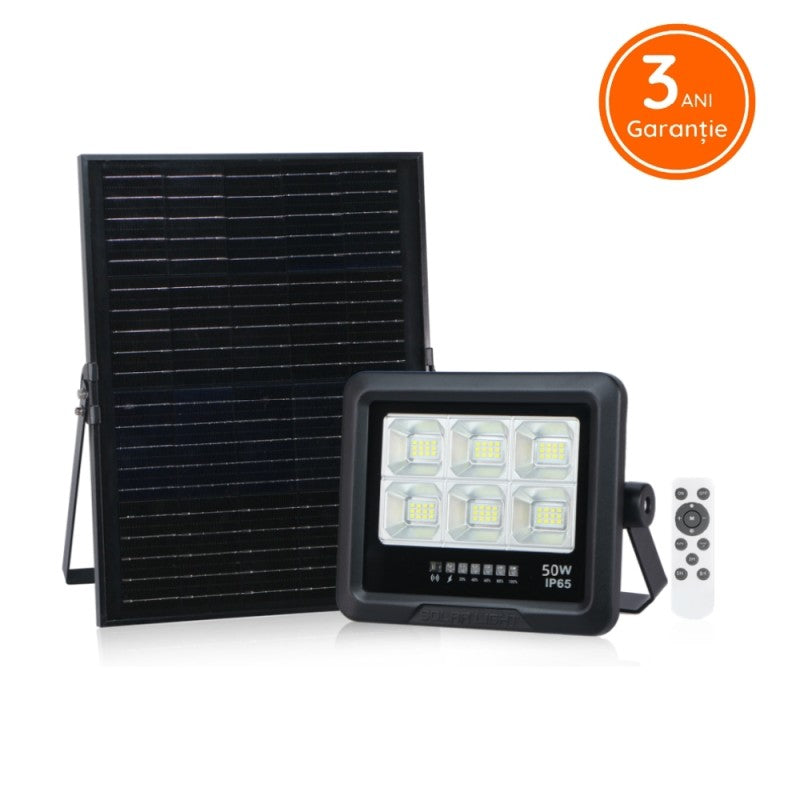 Proiector LED 50W PREMIUM cu Panou Solar Monocristaline plus telecomanda