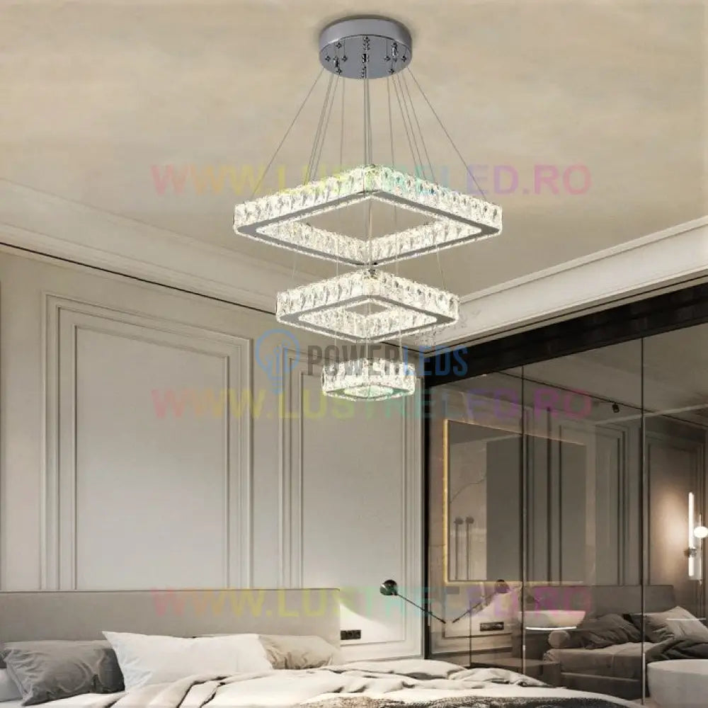 Lustra Led 140W Cristal 3 Segmente Patrate Telecomanda Chandeliers Crystal