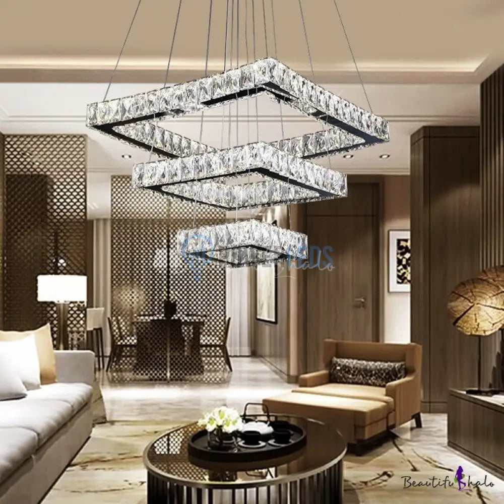 Lustra Led 140W Cristal 3 Segmente Patrate Telecomanda Chandeliers Crystal