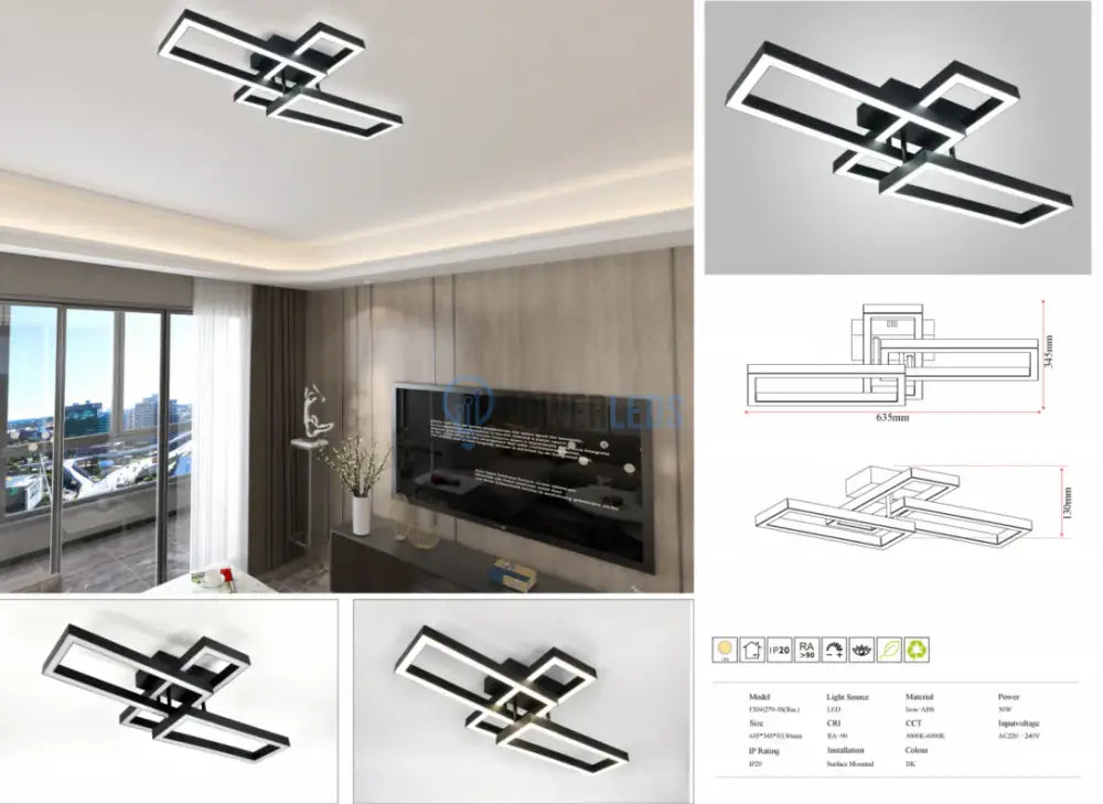 Lustra Led 3 Rectangular Shape Black Echivalent 300W Telecomanda Lighting Fixtures