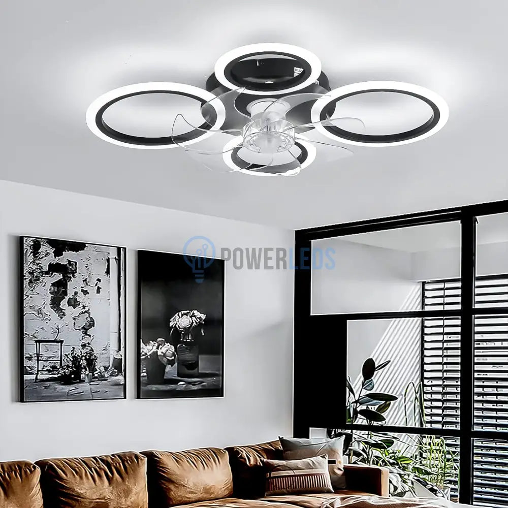 Lustra Led 4 Circle Black Ventilator Si Telecomanda Echivalent 400W Lighting Fixtures