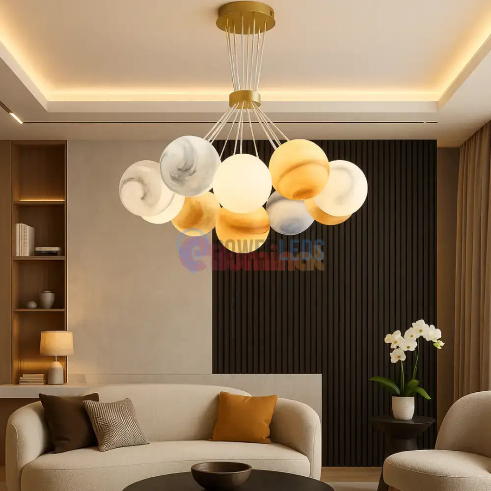 Lustra LED Abajur Planets Gold Bundle, 3 lumini si telecomanda powerleds.ro
