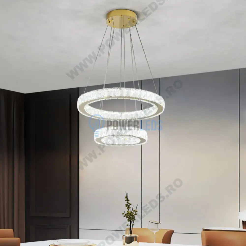 Lustra Led Cristal Gold 2 Segmente Telecomanda Echivalent 600W Ceiling Light Fixtures