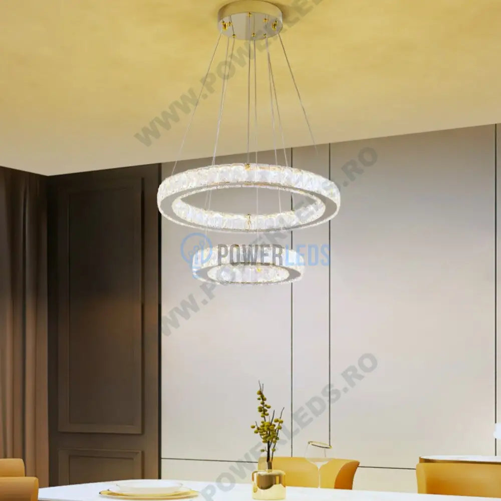 Lustra Led Cristal Gold 2 Segmente Telecomanda Echivalent 600W Ceiling Light Fixtures