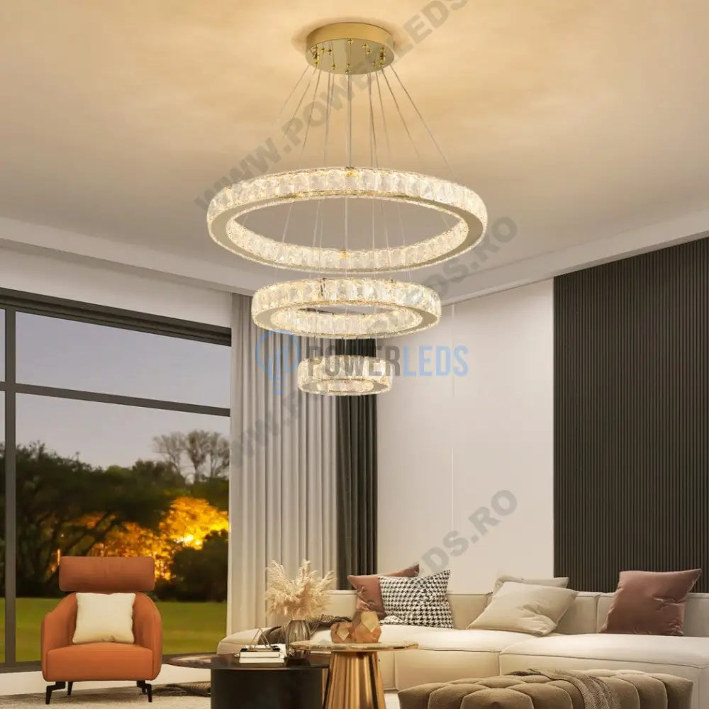 Lustra Led Cristal Gold 3 Segmente Telecomanda Echivalent 800W Chandeliers Crystal