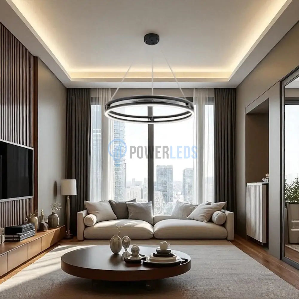 Lustra LED Mini Ring Neagra Suspendata Echivalent 400W Telecomanda powerleds.ro