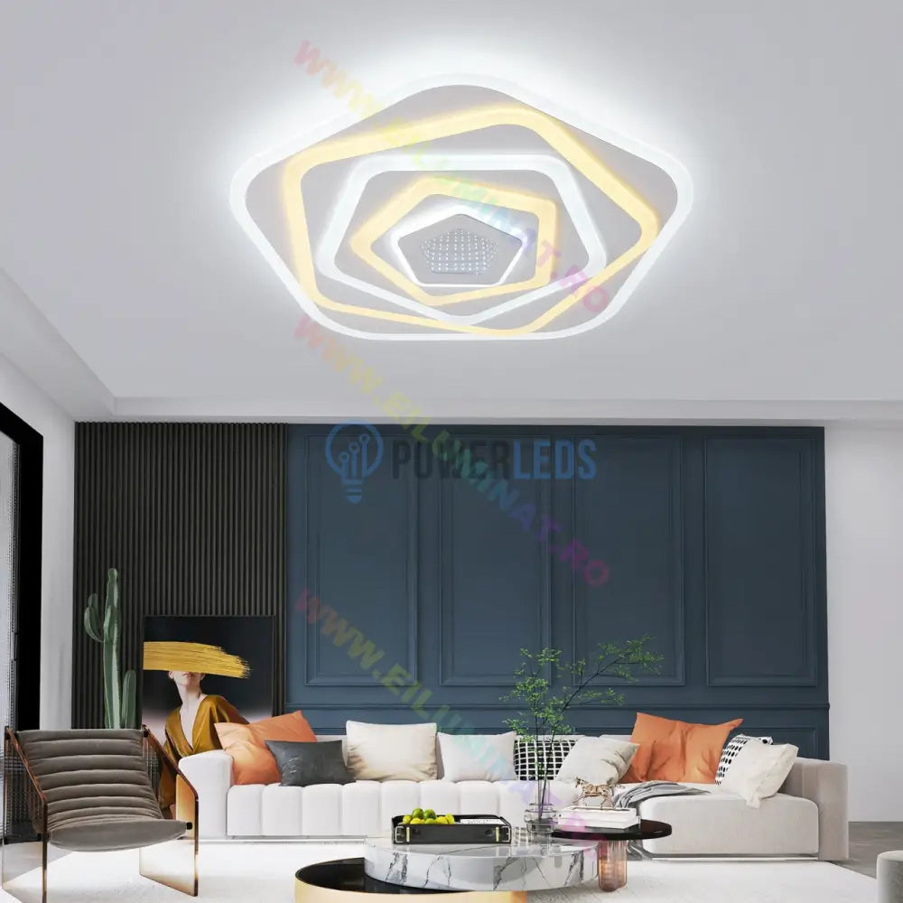 Lustra Led Pentagon Mirror 3D Telecomanda Echivalent 800W Lighting Fixtures