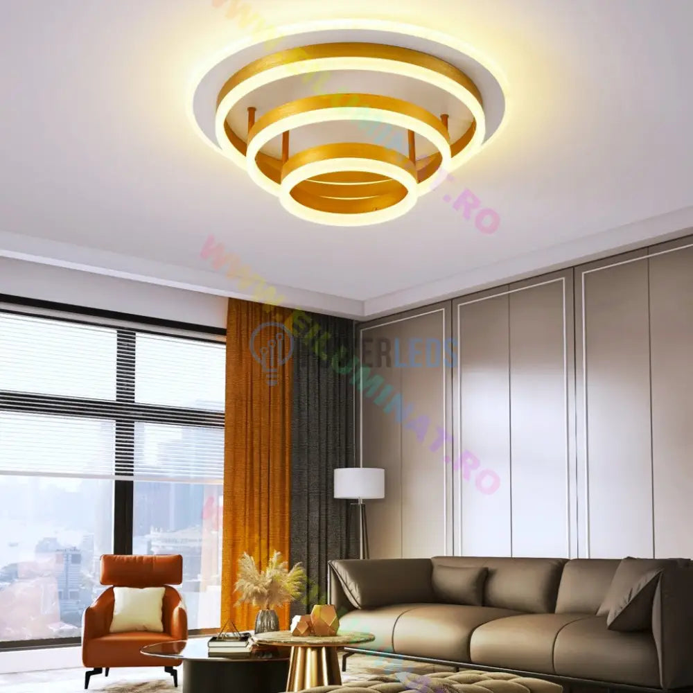 Lustra Led Vulcano Ring Gold Echivalent 800W Telecomanda Lighting Fixtures