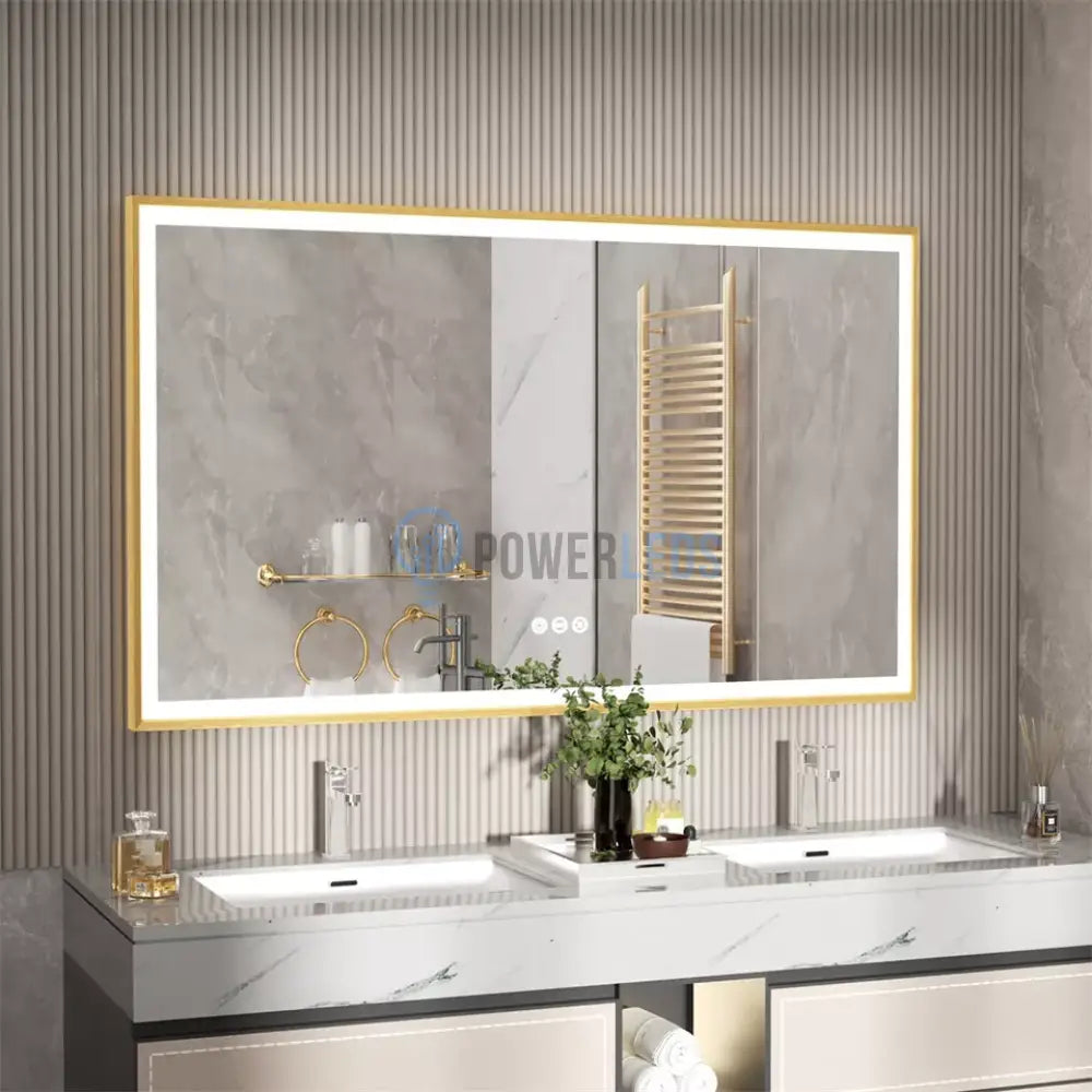 Oglinda Led 100X65Cm Cu Rama Aurie Functie Dezaburire Touch Si Ceas J21 Mirror