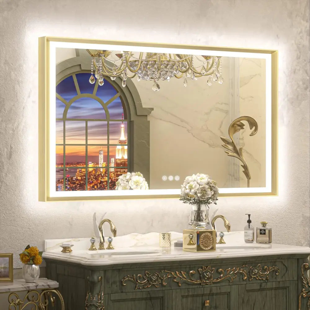 Oglinda Led 100X65Cm Cu Rama Aurie Functie Dezaburire Touch Si Ceas J21 Mirror