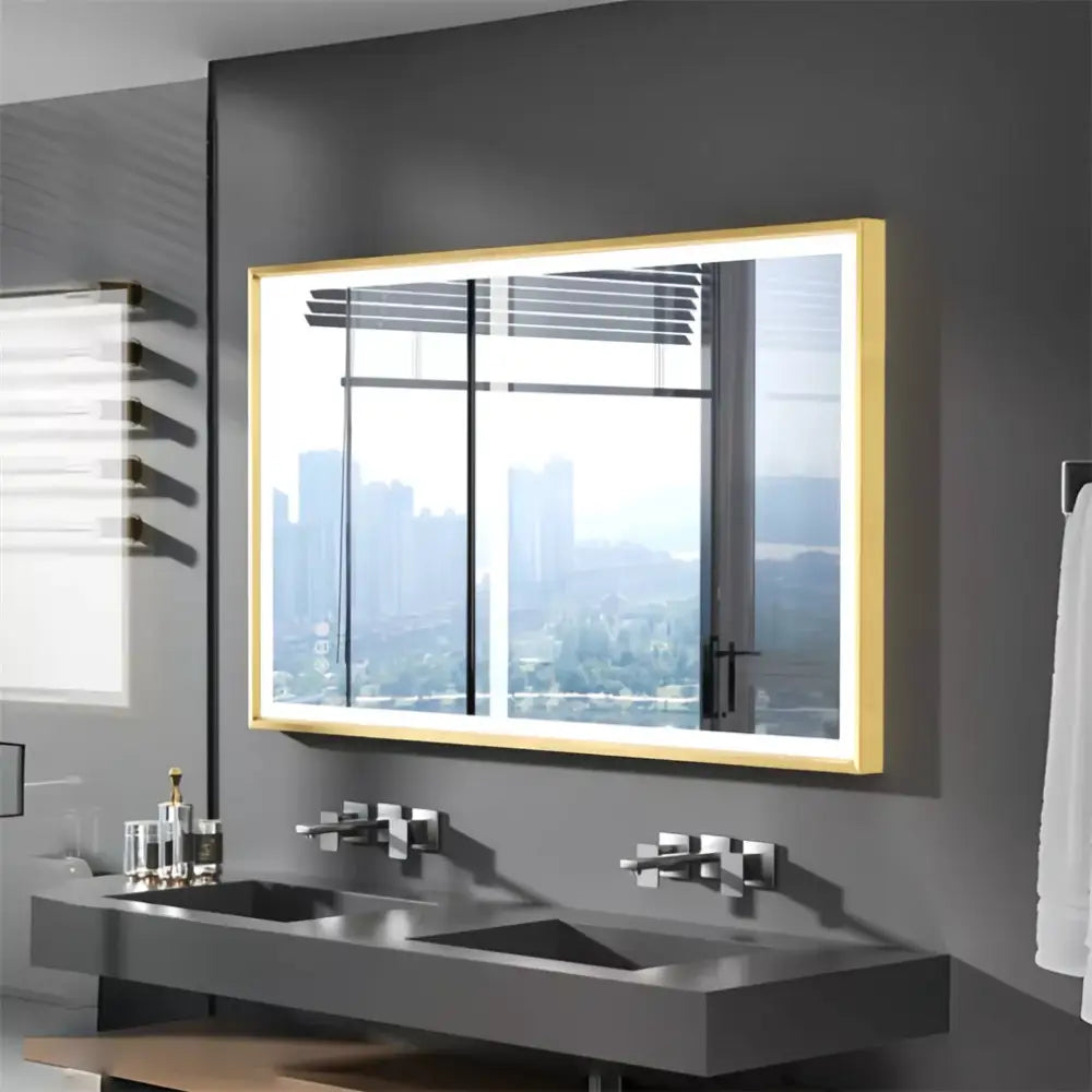 Oglinda Led 100X65Cm Cu Rama Aurie Functie Dezaburire Touch Si Ceas J21 Mirror