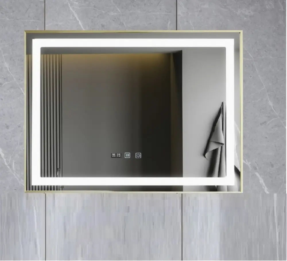 Oglinda Led 100X65Cm Cu Rama Aurie Functie Dezaburire Touch Si Ceas J21 Mirror