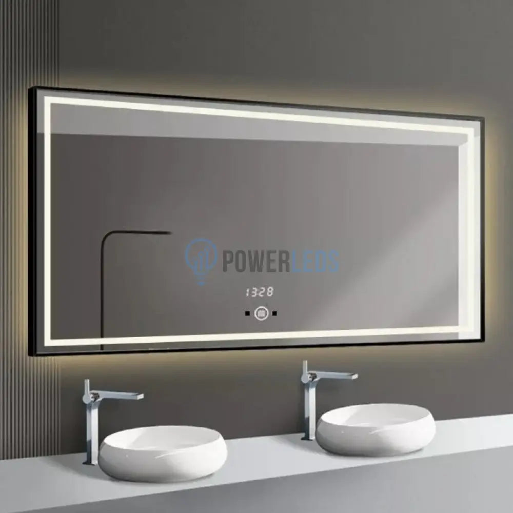 Oglinda Led 100X65Cm Cu Rama Neagra Functie Touch Senzor De Miscare Si Ceas J31 Mirror