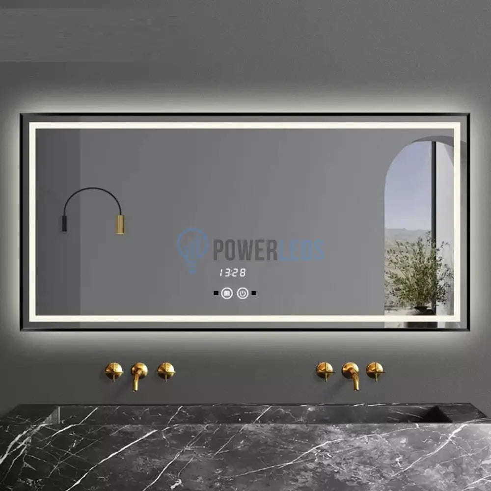 Oglinda Led 100X65Cm Cu Rama Neagra Functie Touch Senzor De Miscare Si Ceas J31 Mirror