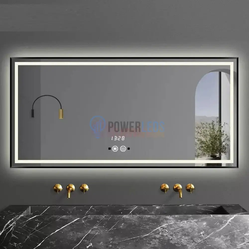 Oglinda Led 100X65Cm Cu Rama Neagra Functie Touch Senzor De Miscare Si Ceas J31 Mirror