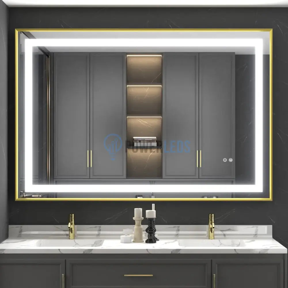 Oglinda Led 100X80Cm Cu Rama Aurie Functie Dezaburire Touch Si Ceas J44 Mirror